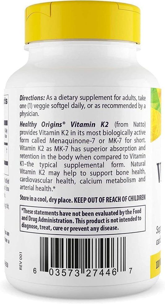 Vitamina K2 como MK-7 100 mcg 180 Cápsulas Softgel Vegetais, Healthy Origins