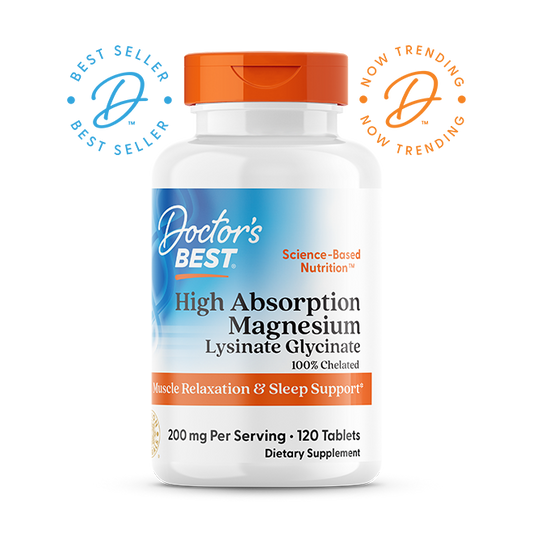 Magnésio Alta Absorção 200mg (Lisinato Glicinato Quelato) — Doctor's Best, 120 Comprimidos