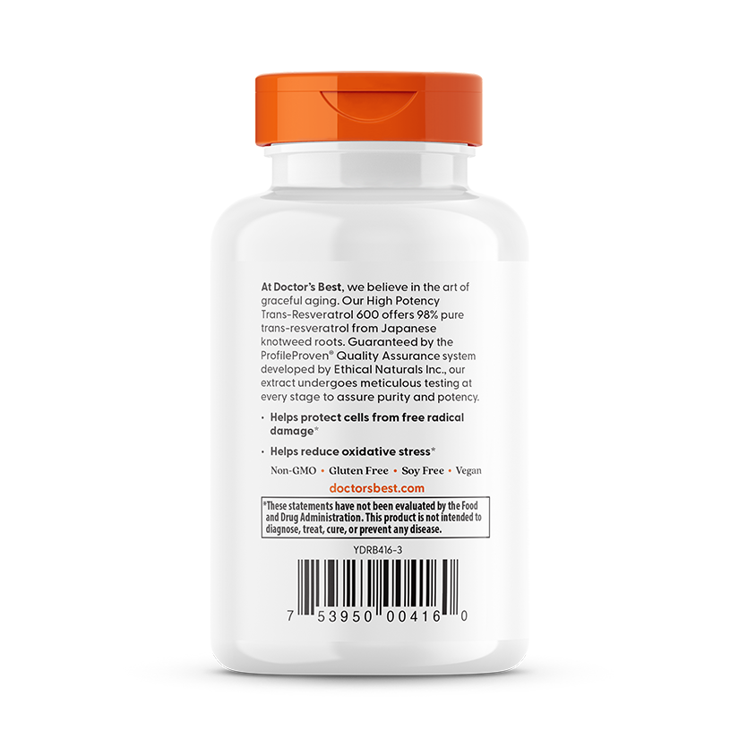 Trans-Resveratrol 600mg (98% Puro) — Doctor's Best, 60 Cápsulas Vegetarianas