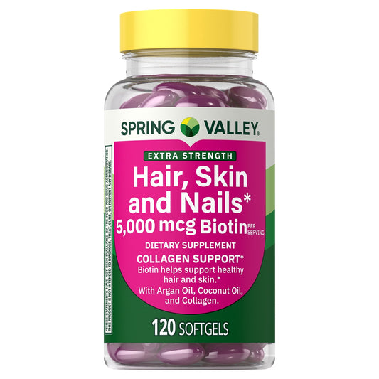 Cabelo, Pele e Unhas Força Extra com Biotina 5.000mcg — Spring Valley, 120 Softgels