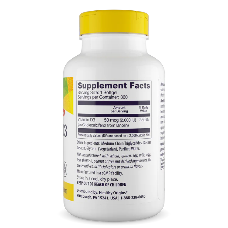Vitamina D3 (com óleo MCT) 2.000 UI 360 Cápsulas Gelatinosas, Healthy Origins