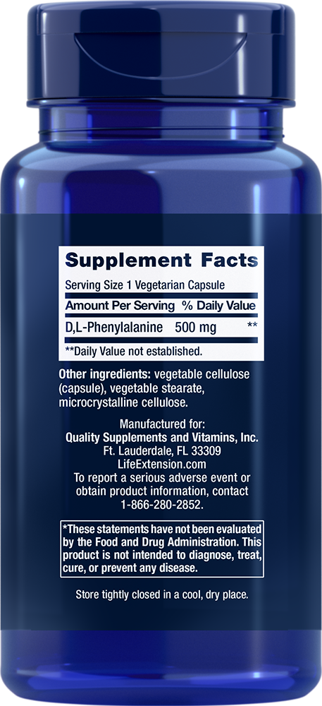 D, L-Phenylalanine Cápsulas, 500 mg, 100 Cápsulas Vegetarianas - newfoodsbr