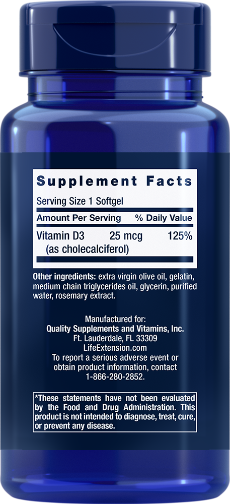 Vitamin D3, 25 mcg (1000 IU), 250 Softgels - Life Products Br