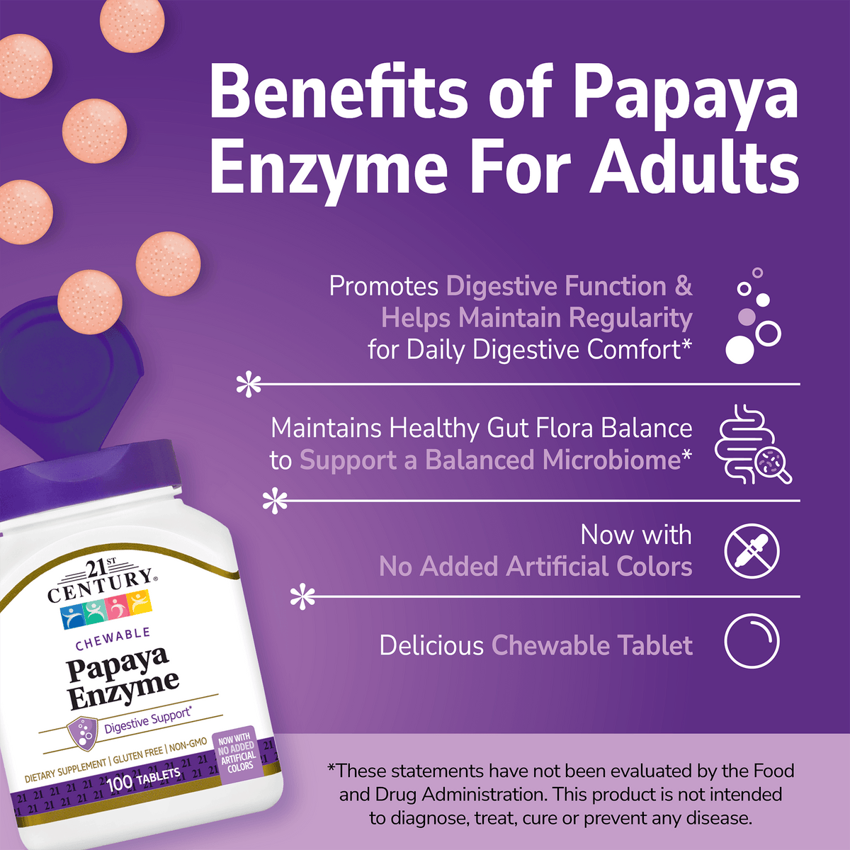 Enzima de Mamão (Papaya) Mastigável — 21st Century, 100 Comprimidos