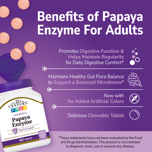 Enzima de Mamão (Papaya) Mastigável — 21st Century, 100 Comprimidos