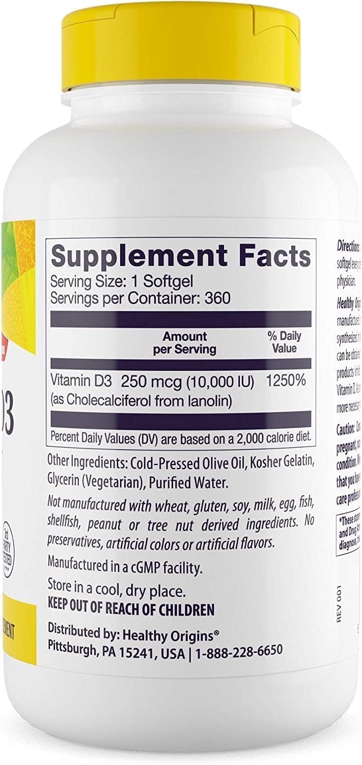 Vitamina D3 10.000 UI, 360 Cápsulas Softgel - Healthy Origins