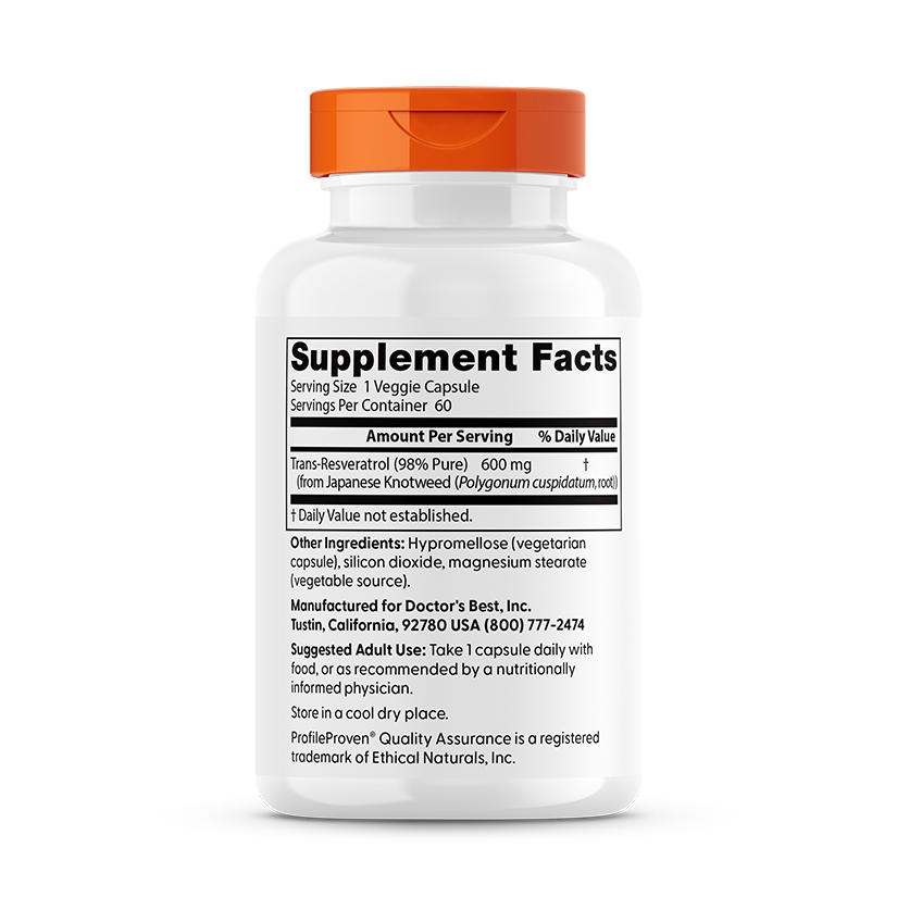 Trans-Resveratrol 600mg (98% Puro) — Doctor's Best, 60 Cápsulas Vegetarianas