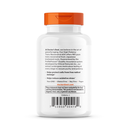 Trans-Resveratrol 600mg (98% Puro) — Doctor's Best, 60 Cápsulas Vegetarianas