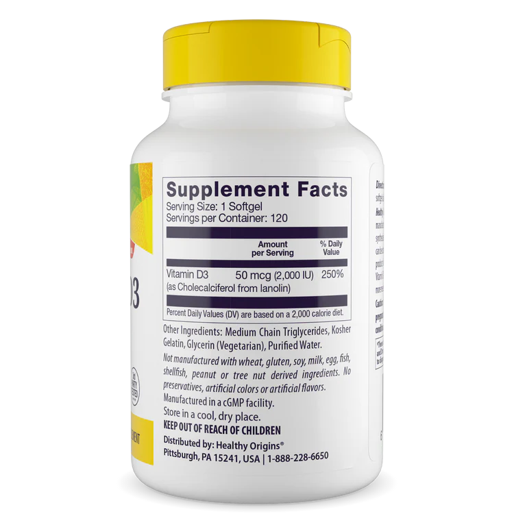 Vitamina D3 (com óleo MCT) 2.000 UI 120 Cápsulas Gelatinosas, Healthy Origins