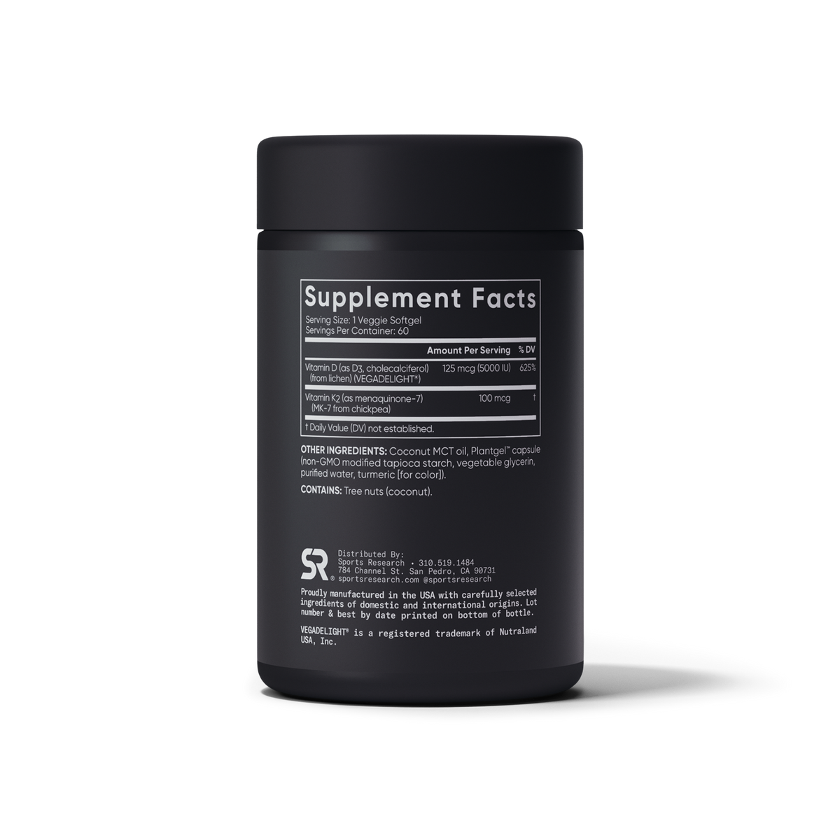 Vitamina D3+K2 Vegana (5.000UI D3 / 100mcg K2) — Sports Research, 60 Softgels
