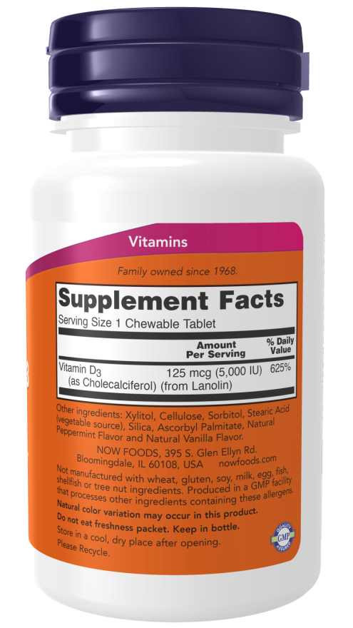 Now Foods, Vitamina D-3 5000 UI, 120 Pastilhas Mastigáveis – New Foods ...