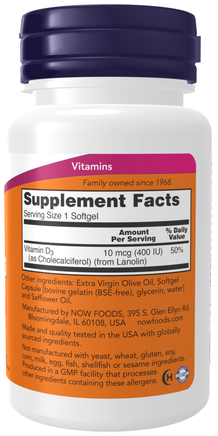 Vitamina D-3 400 UI, 180 Softgels