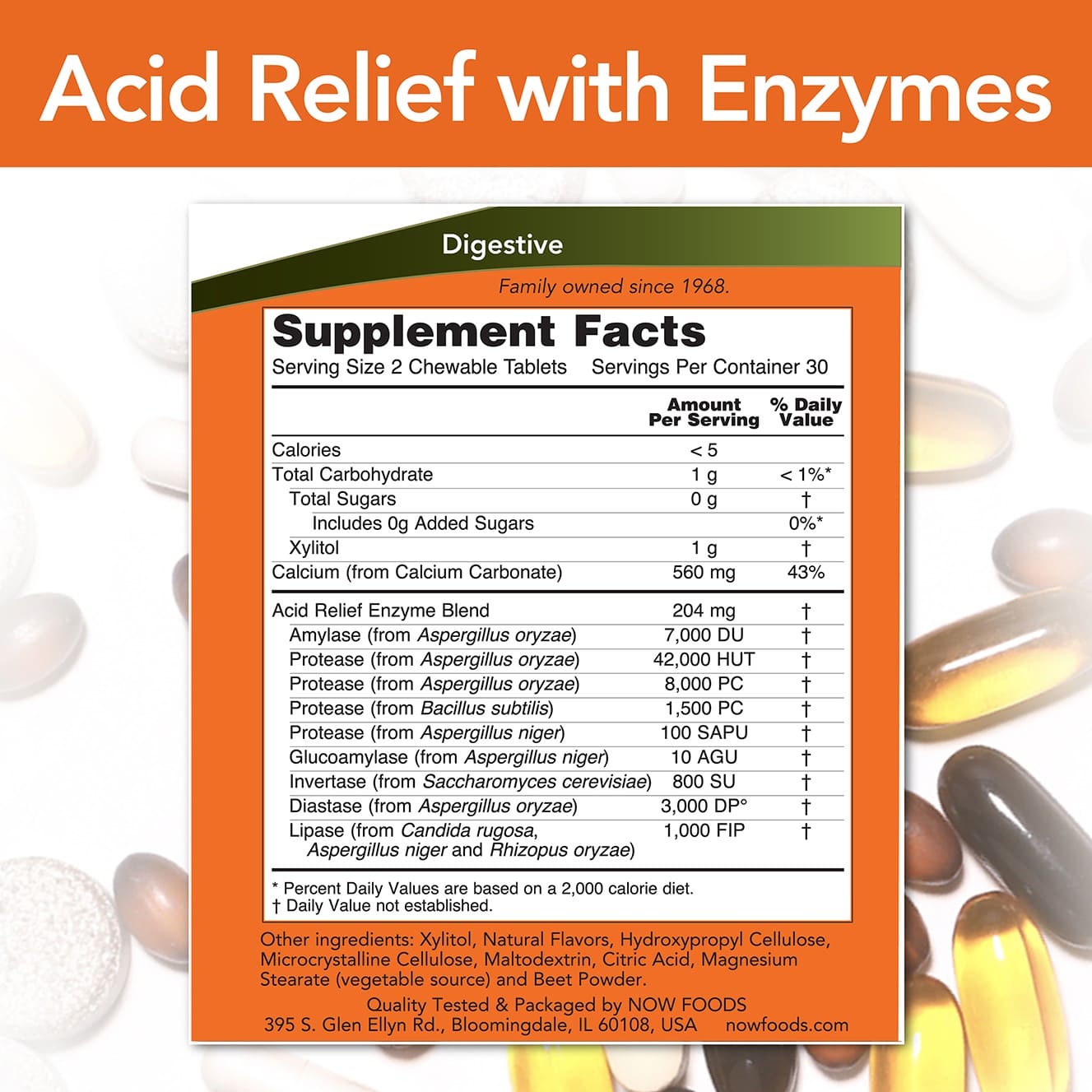 Alívio de ácido com enzimas - 60 mastigáveis-Now Foods-Enzimas E Digestão Saudável,Probióticos,Suplementos