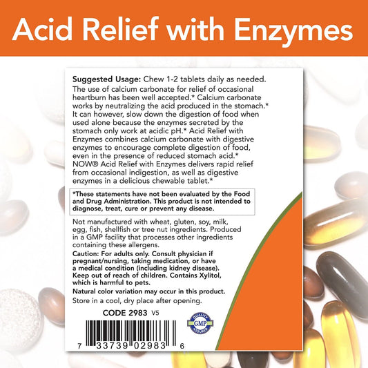 Alívio de ácido com enzimas - 60 mastigáveis-Now Foods-Enzimas E Digestão Saudável,Probióticos,Suplementos