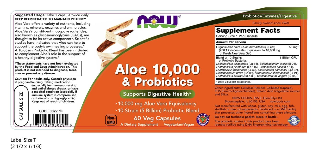Aloe 10.000 e probióticos - 60 cápsulas vegetais-Now Foods-Aloe,Suplementos