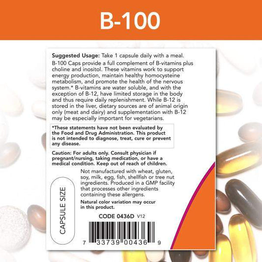 Vitamina B-100, 100 cápsulas vegetais-NOW FOODS-Nossos Produtos,Saúde do Coração,Suporte ao Sistema Nervoso,Vitaminas / Vitamina B