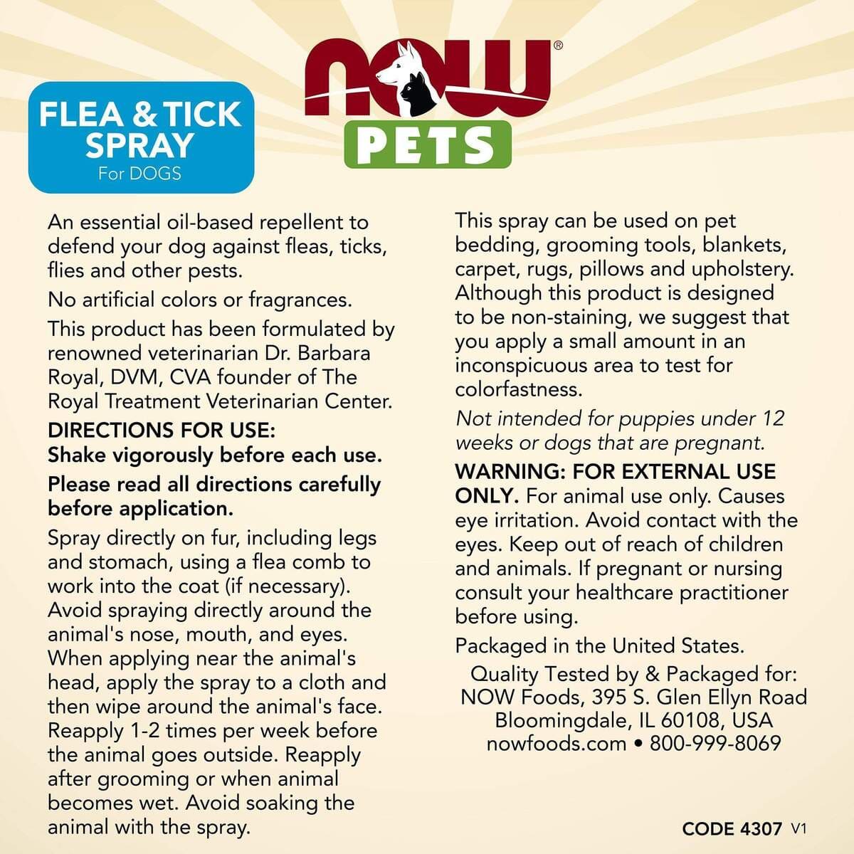 Pulverizador contra pulgas e carrapatos para cães, 8 fl. onças-Now Foods-Saúde Dos Pets,Spray para pulgas e carrapatos para cães