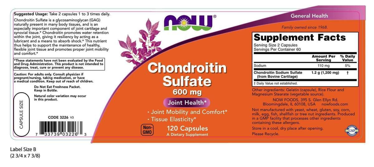 Sulfato de condroitina 600 mg - 120 cápsulas-Now Foods-Condroitina E Msm,Glucosamina,Suplementos